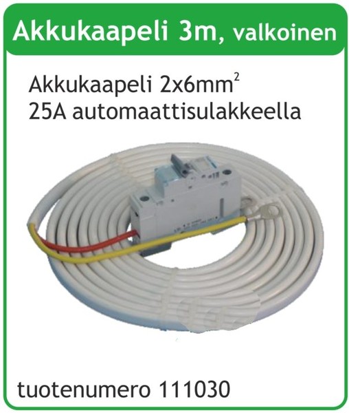 Akkukaapeli 6mm2 3m 25A automaattisulakkeella, valkoinen