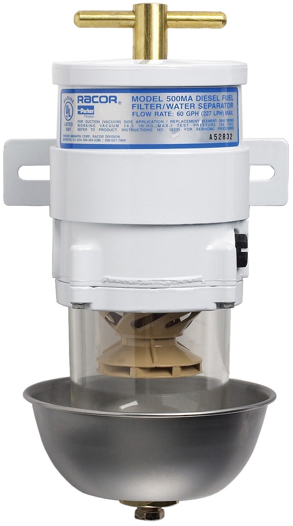 Racor 500 MA polttoainesuodatin ja vedenerotin lasikulholla.