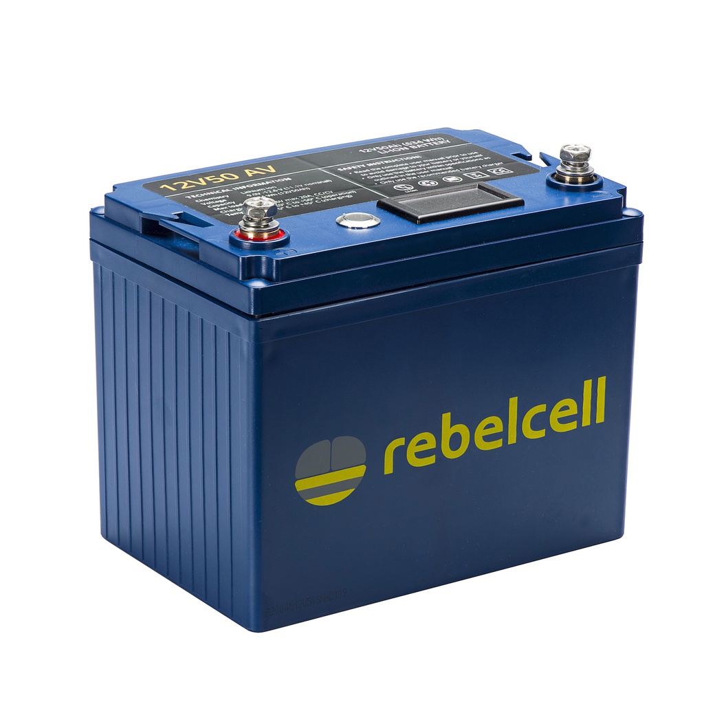 Rebelcell Li-Ion akku, 12V50A (632 Wh). Paino n. 3.9kg. Jännite/varausnäyttö