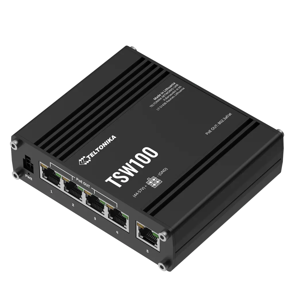 Teltonika 5‑porttinen 1000 Mbps PoE+ kytkin 120W teollisuuskäyttö