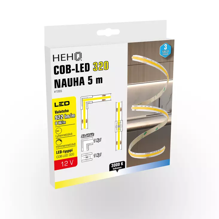COB 320 LED-valonauha 5m 12V 3000K
