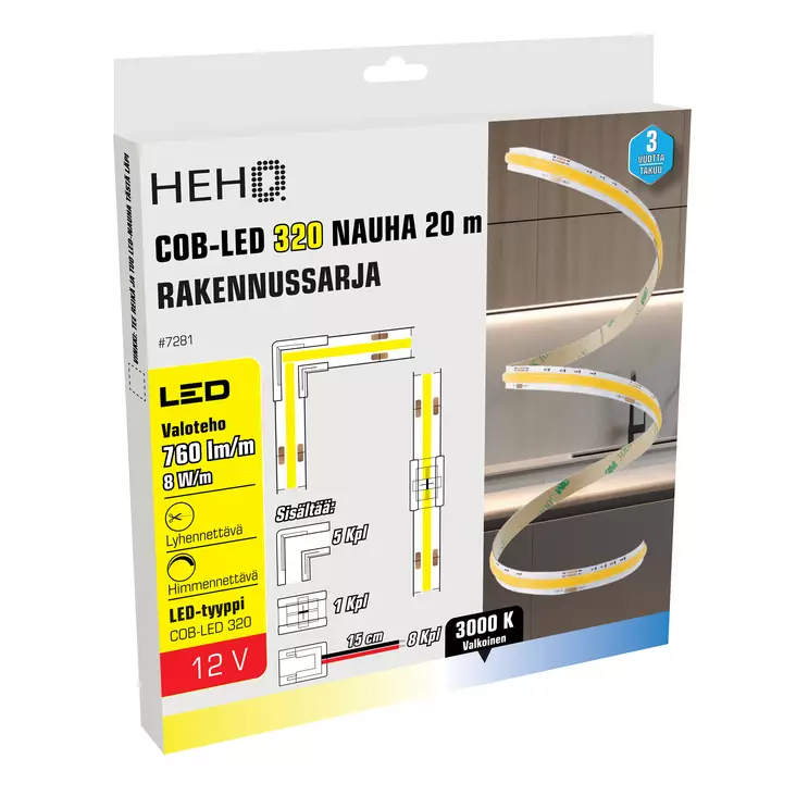 COB LED-nauha 20m 12V 3000K 8W/m