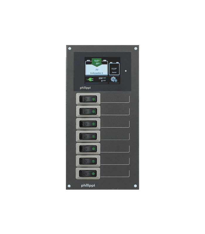 Philippi sähkötaulu STV 216 7kpl 10A sulake ja TCS tankkimonitori jännitenäytöllä