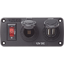 Blue Sea BS 4363 paneeli, tupakansytytin, usb laturi ja 15A automaattisulake